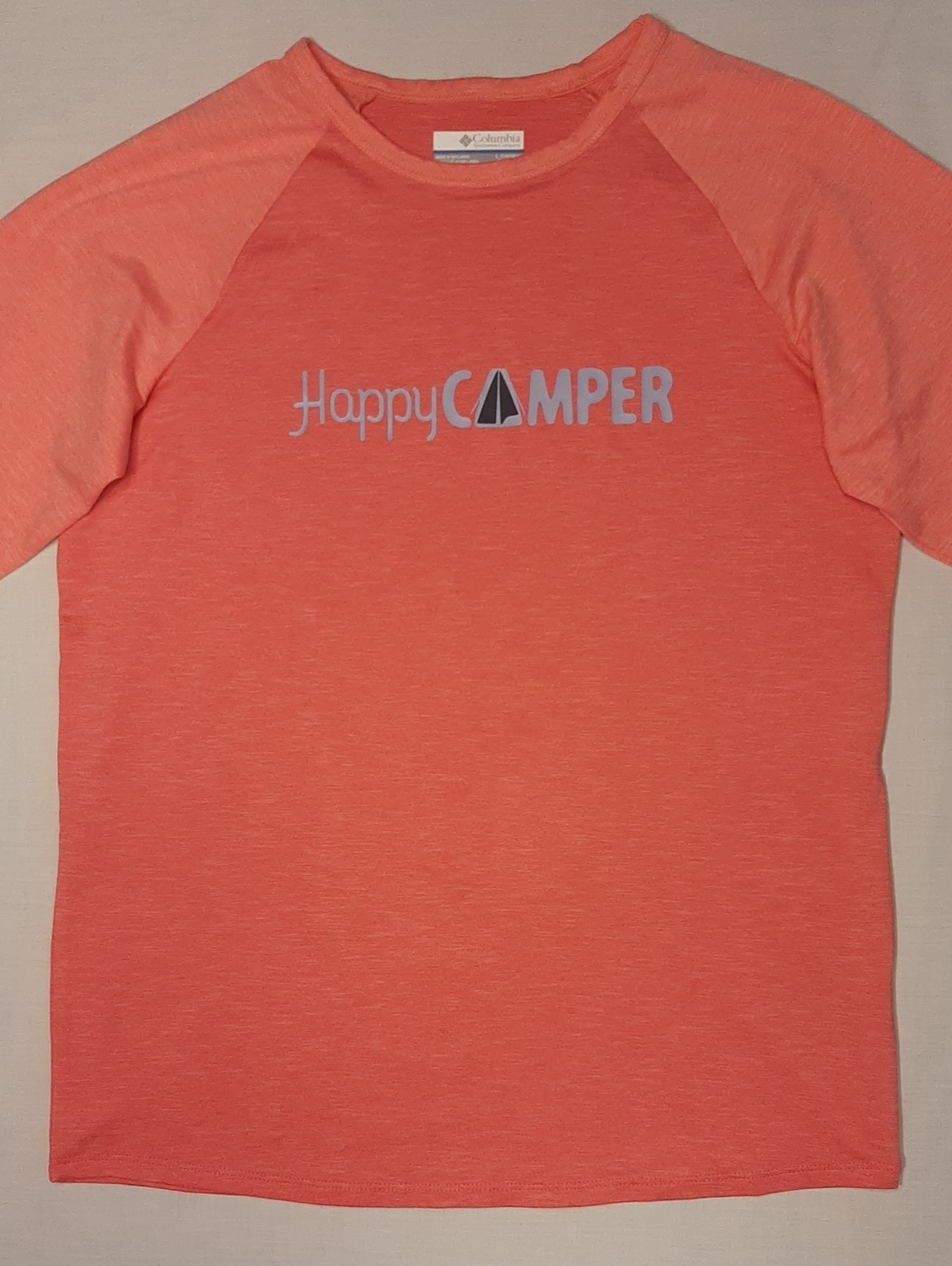 Columbia L 14 / 16  Coral Tones  'Happy Camper' Long Sleeve Lightweight Tee